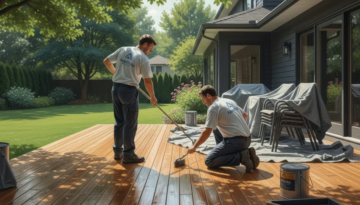 Minneapolis Paint Pros applying deck sealing on a wood deck in Minneapolis, MN