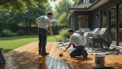Minneapolis Paint Pros applying deck sealing on a wood deck in Minneapolis, MN
