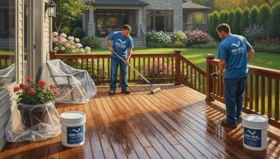 Minneapolis painters sealing a wood deck to protect against moisture and winter damage