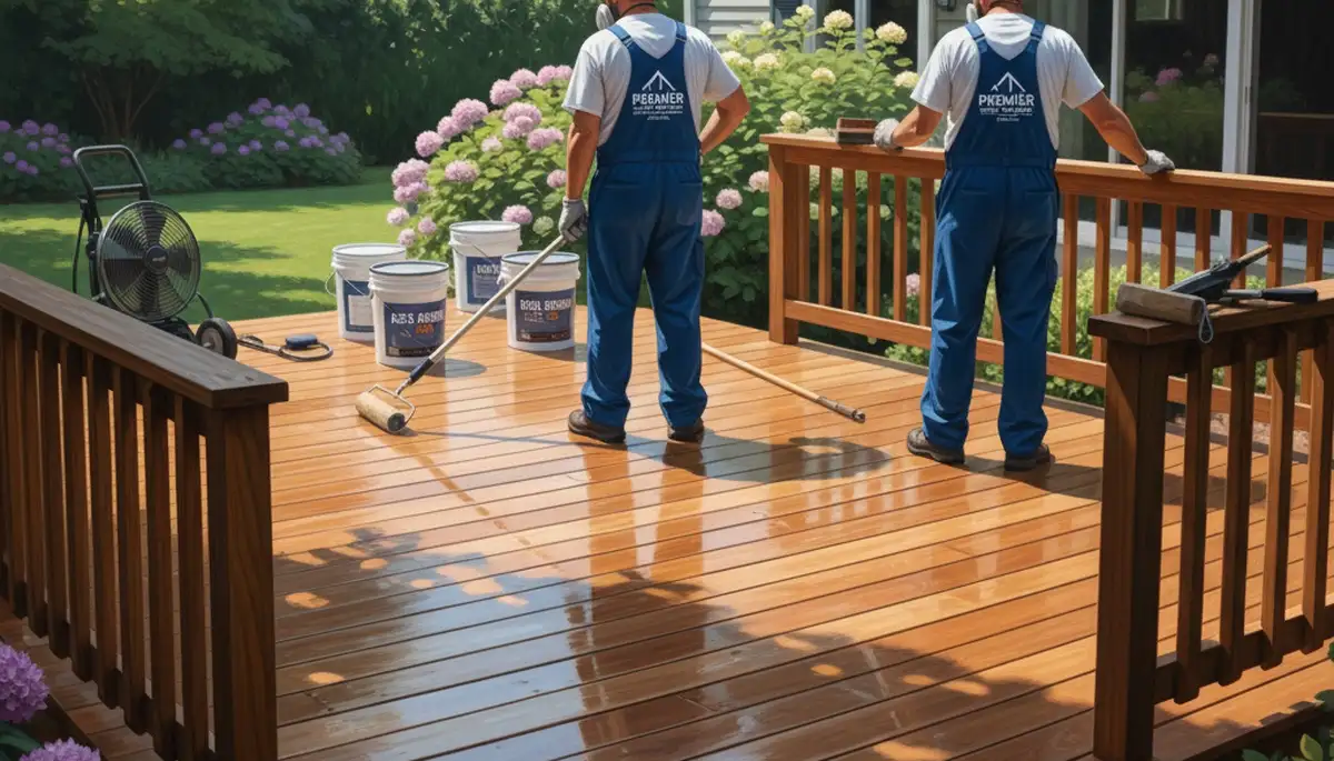 Minneapolis Paint Pros sealing a wood deck in Minneapolis, MN to protect against moisture and winter damage