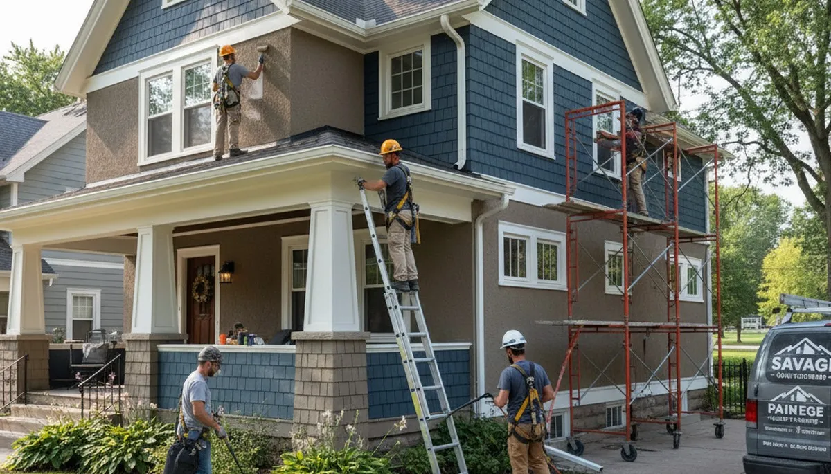 Professional Minneapolis, MN painting contractors applying interior paint in a home exterior service scene